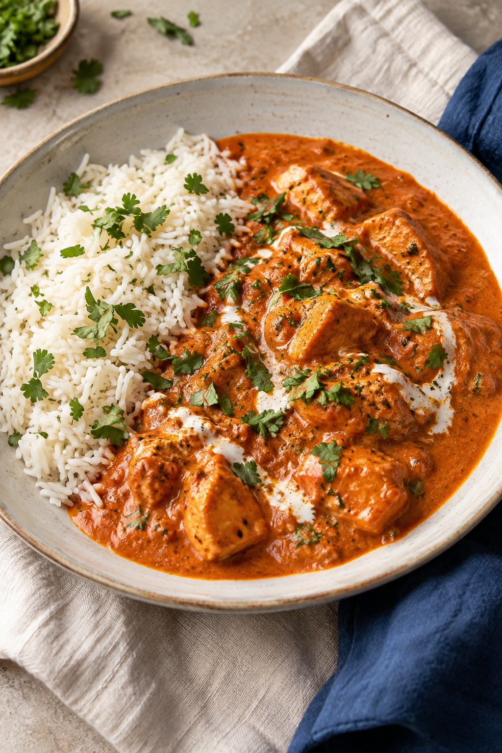 Serving illustration of yogurt butter chicken with rice