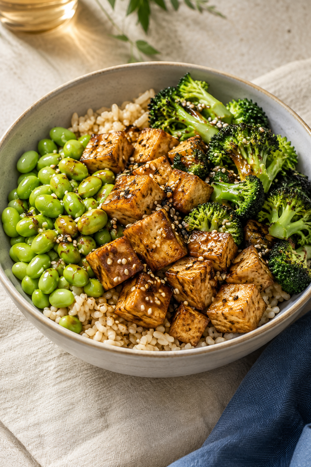 Serving illustration of a crispy tofu and edamame bowl
