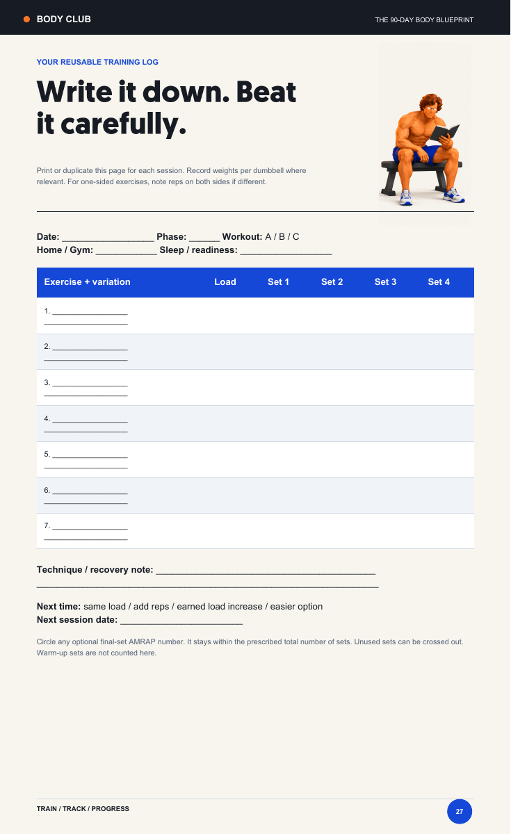 Inside the PDF: reusable training log to record your progress